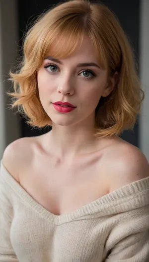 ziprealism, (romantic esthetic, bashful girlfriend, perfect eyes:1.2), (low angle, medium full shot, sharp focus, focus on chest), (comfy oversized sweater, off the shoulder, pale breasts, cleavage:1.4), (sense of vulnerability), (flawless skin, pale alabaster skin, bright red lipstick), (strawberry-blonde hair, voluminous hair, bangs haircut, short cut hair, hair framing delicate face:1.4), minimalist composition, subtle makeup details, textured dark charcoal grey studio background, subtle vignette, (dramatic cinematic lighting), strong key light illuminating the face, shallow depth of field, bokeh background, professional color grading, RAW photo quality, striking visual contrast, short focal length