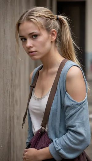 dirty homeless woman beautiful blonde 18 years old with ponytails woman, lewddungeon, background walls, breastclamp, <lora:breastclamp_SDXL_reg0_03s:.5>