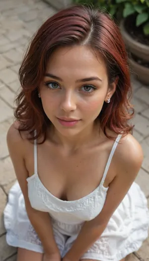 Beautiful 18yo girl, kneeling, sundress, red hair Tanned skin. View from above looking down on sun dress. Close up. Elegant. Sensual. Thin face. Small tits. Sweaty hair. Her face is visible sexy face. Slutty expression. Sultry smile