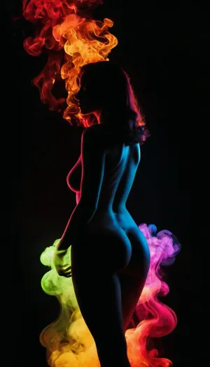 Art photo, (((completely black background))), (completely black silhouette outline of a curvaceous nude woman with a hourglass figure:1.2), wide hips, narrow waist, (((rainbow colored neon glowing smoke rising in the background))), pitch black silhouette, (Silhouette cutout:1.3)