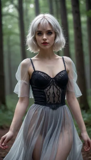 A Gothic naked woman with platinum hair stands in a dark, misty forest, her pale skin illuminated by the moonlight. She wears a form-fitting short dark Gothic transparent dress with a pleated flared skirt and puffy flared sleeves. The wind blows through her asymmetrical wavy medium hair, with diagonal bangs covering one eye. The scene is rendered in a cinematic style, reminiscent of a film still, with soft cool volumetric lighting, natural shadows, ambient occlusion, shallow depth of field, bokeh, and sharp focus, intricate details, trending on artstation.