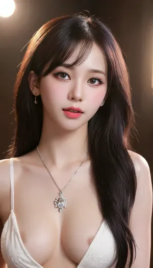 High detail RAW color photo professional, (realistic, photo realism:1.37), (highest quality), (best shadow), (best illustration), ultra high resolution, highly detailed CG unified 8K wallpapers, physics-based rendering, cinematic lighting, rather closeup, completely nude, shinning black hair, side bang, head tilt, brown contacts, natural skin, perfect nose, extremely beautiful korean face, angelic face, gorgeous, shinny skin, perfect body, sagging breasts, tiny pussy, diamond necklace with A-shaped pendant, dynamic pose, low angle, low saturation, low contrast, dark background, spotlight, yujimin, krnpp, <lora:yujimin_v10:1.2>, <lora:karina_sdxl_v10:.7>