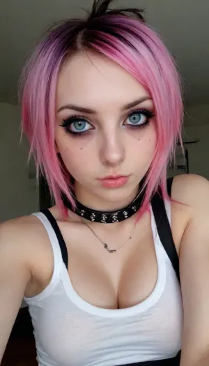 ziprealism, (medium full shot, high angle shot, focus on eyes), sharp focus, holding cock in hand, shirt lifted above perky tits, hard nipples, cum dripping from cock, (perfect eyes, stunning eyes, vivid eyes:1.4), (emo girl, emo hairstyle, two-tone hair, alt girl, emo style, emo esthetic, band t-shirt, tight tahirt:1.6), (intimate bedroom scene, pouting expression, off the shoulder), (large breasts, soft breasts, pale breasts, cleavage:1.4), igbaddie, <lora:add-detail-xl:1.2>, <lora:igbaddie-XL:.4>, sucking a fat cock