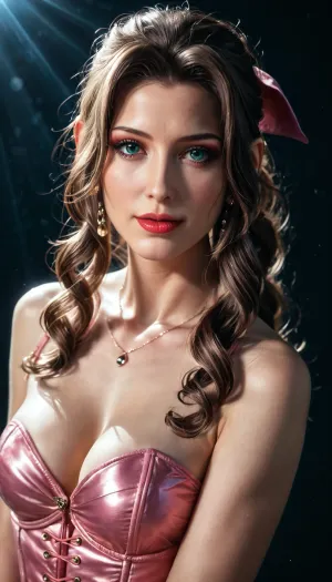 Professional lighting, (Ultra realistic), Aerith Gainsborough, full body, Carl Larson, Alphonse Mucha, light/dark method, Movie Glen, reflective light, masterpiece, Attention to detail, (((simple light crimson background:1.1))), (((Studio Light:1.3))), beautiful dark makeup, sexy pink corset, Face straight forward, ((((beautiful face))))