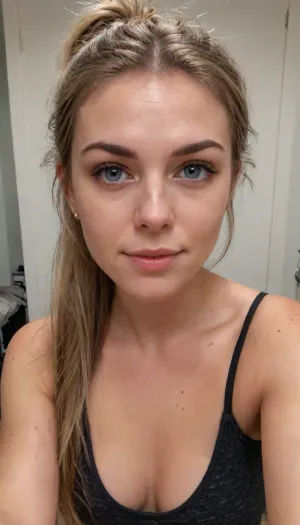 ((ultimate quality:1)), score 9, score 8, iphone bathroom mirror selfie, showing me her sheer dark pantyhose tights, tack sharp, UHD, Uncomfortable, shy pose, vulnerable, please stop, mobile selfie, full mirror selfie, bathroom mirror selfie, nice smile, side smile, smouldering look, Picture taken at unique angles, sexy selfie, funny selfie, silly face, Instagram selfie, Facebook selfie.

About her, She is 39 years old female mom, wife, her height is 175cm., ((smokey blonde thick hair in a messy ponytail)), .
long round oval face, blue eyes, ., (small bust), size b breasts, sagging tits, perky little breasts, Sun Tanned skin.
Hair up in a ponytail., very, dark, focused, flash, photo, 90s, style, 80s, Analogic, 1990s, <lora:sdxl_darkflash_v6-000060:.2>, <lora:Portraits_and_beuty (1):2>