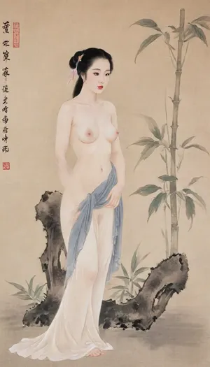 1girl, ancient Chinese female, (nude:1.5), (traditional Chinese gongbi painting style:1.3), (Chinese guohua style:1.2), delicate and intricate details, (elegant pose:1.2), standing gracefully, dense thick pubic hair, embarrassed, shameful expression, (long flowing black hair:1.2), (pale smooth skin:1.2), (subtle ink wash shading:1.3), (fine brushwork:1.3), (traditional Chinese art aesthetic:1.2), (minimalist background:1.2), (bamboo and orchid motifs:1.1), (soft muted colors:1.2), (calligraphic elegance:1.1), highres, ultra-detailed, 8k wallpaper, (realistic proportions:1.2), (solo:1.2), lora, (gongbiPainting:.8), (ancientChineseFemale:.6), hanfu, MOGUHUANIAO, <lora:Chinese painting_shinvhua_国画_仕女_V1.0XL:1.9>, <lora:mogu-painting-花鸟篇-sdxl_v1:1.9>