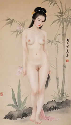 1girl, ancient Chinese female, (nude:1.5), (traditional Chinese gongbi painting style:1.3), (Chinese guohua style:1.2), delicate and intricate details, (elegant pose:1.2), standing gracefully, (dense thick pubic hair, embarrassed, shameful expression:1.4), (long flowing black hair:1.2), (pale smooth skin:1.2), (subtle ink wash shading:1.3), (fine brushwork:1.3), (traditional Chinese art aesthetic:1.2), (minimalist background:1.2), (bamboo and orchid motifs:1.1), (soft muted colors:1.2), (calligraphic elegance:1.1), highres, ultra-detailed, 8k wallpaper, (realistic proportions:1.2), (solo:1.2), lora, (gongbiPainting:.8), (ancientChineseFemale:.6), hanfu, MOGUHUANIAO, <lora:Chinese painting_shinvhua_国画_仕女_V1.0XL:1.9>, <lora:mogu-painting-花鸟篇-sdxl_v1:1.9>
