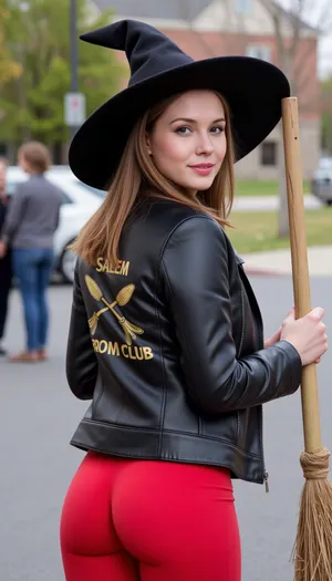 ((RAW photo)), fit women with broom, standing on street, ((witch hat)), ((view from side)), (in leather jacket with printed two crossed brooms and text, "Salem Broom Club"), ((in red leggings)), (((looking on viewer)))