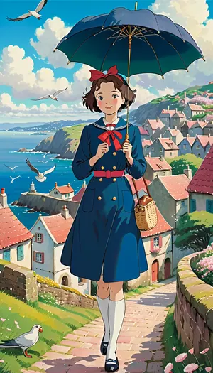 masterpiece, best quality, high detail, Miyazaki Hayao style, Ghibli studio aesthetic, Kiki's Delivery Service atmosphere, Mary Poppins flying gracefully on her parrot-head umbrella over a charming european-inspired coastal town, soft watercolor background, pastel color palette, (dominant blues, creams, soft pinks, greens), gentle sunlight, fluffy cumulus clouds, Mary Poppins, young woman with kind but wise dark eyes, neat dark bob haircut, (slightly windswept), wearing a simplified yet elegant version of her outfit, dark blue sailor-collar coat/dress with red ribbon tie, white knee-high socks, black Mary Jane shoes, iconic parrot-head umbrella, (stylized, cute), small carpet bag hanging from the handle, slender and graceful figure, serene and confident expression, gentle wind billowing her coat and hair, seagulls flying alongside, cherry blossom petals or dandelion seeds floating in the breeze, distant view of cozy hillside houses with red roofs, sparkling ocean bay, cobblestone streets below, whimsical and heartwarming mood, painterly soft edges, cel-shading influence, atmospheric perspective, studio ghibli film still, animated movie screenshot, ghibli, StdGBRedmAF, Studio, Ghibli, <lora:ghibli_last:.8>, <lora:StudioGhibli.Redmond-StdGBRRedmAF-StudioGhibli:.8>