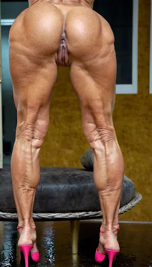 just close up legs, gilf woman, very old bodybuildingskinny body, big pussy labia, muscular legs in neon color platform mules high heels, from back view, muscles stiration, naked pussy, net stockings, stand broad, strong calves, in penthouse, close up feets, platform mules, mules, in the rain, do, you, like, my, bum, <lora:doyoulikemybum:.8>