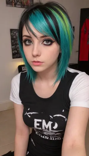 ziprealism, (medium full shot, high angle shot, focus on eyes), sharp focus, (perfect eyes, stunning eyes, vivid eyes:1.4), (emo girl, emo hairstyle, two-tone hair, alt girl, emo style, emo esthetic, band t-shirt, tight tahirt:1.6), (intimate bedroom scene, pouting expression, off the shoulder), (large breasts, soft breasts, pale breasts, cleavage:1.4), igbaddie, <lora:add-detail-xl:1.2>, <lora:igbaddie-XL:.4>, sucking a fat cock