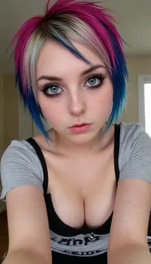 ziprealism, (medium full shot, high angle shot, focus on eyes), sharp focus, holding cock in hand, shirt lifted above perky tits, hard nipples, cum dripping from cock, (perfect eyes, stunning eyes, vivid eyes:1.4), (emo girl, emo hairstyle, two-tone hair, alt girl, emo style, emo esthetic, band t-shirt, tight tahirt:1.6), (intimate bedroom scene, pouting expression, off the shoulder), (large breasts, soft breasts, pale breasts, cleavage:1.4), igbaddie, <lora:add-detail-xl:1.2>, <lora:igbaddie-XL:.4>, sucking a fat cock