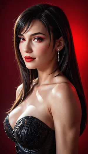Professional lighting, (Ultra realistic), Tifa Lockhart, full body, Carl Larson, Alphonse Mucha, light/dark method, Movie Glen, reflective light, masterpiece, Attention to detail, (((simple light crimson background:1.2))), (((Studio Light:1.3))), beautiful dark makeup, sexy black corset, Face straight forward, ((((beautiful face))))