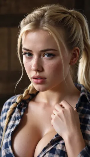 beautiful blonde 18 years old with ponytails woman, lewddungeon, background walls, open plaid shirt, Deep cleavage, realistic breasts, HD, full lips, extreme mouth detail, realistic freckles, detailed skin, realistic skin, High Res, sharp, 4k, masterpiece, Ultra realistic, natural skin tone, high definition, high quality, <lora:weight_slider-LECO-v1:-1>, <lora:age_slider-LECO-v1:-2>, <lora:217309_training_data:.5>, <lora:LowRA:.4>