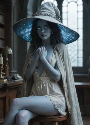 Rating_explicit, source_anime, (masterpiece, best quality, ultra-detailed), dark fantasy, Ranni the Witch from Elden Ring, four blue arms covering nipples, (ethereal blue skin:1.4), intricate silver crown, flowing blue hair under wide witch hat, tattered azure robes, glowing spectral eyes, seated on stool, legs crossed, cutout dress, nude breasts, astronomical devices on background, star charts, celestial globes, moonlit chamber with crumbling stone architecture, frost-covered books and scrolls, floating runes, cold mist, volumetric moonlight through broken ceiling, dark souls aesthetic, muted palette, cobalt blue, lunar silver, deep crimson accents, IncrsXLRanni, wavy, hair, cracked, skin, colored, blue, (extra, faces), extra, arms, doll, joints, white, dress, hat, cloak, <lora:RanniXLV2:.8>, <lora:1281424_training_data:.8>, <lora:MJ52:.8>