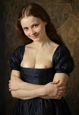 (Florentine noblewoman in 1503, modest renaissance dress, subtle smile, hands folded), --style of Leonardo da Vinci portrait, chiaroscuro, oil painting look, canvas texture