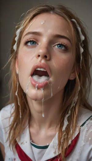 Nymphomaniac pretty ginger hair Irish girl 18 years old, slutty, ((wearing school uniform)), big detailed beautiful eyes, messy blonde hairstyle, mouth open, ((covered in cum, cum in hair, cum in mouth, cum on lips, cum on clothes)), wet hair, drenched hair, sweaty hair, sweaty skin, skin pores, detailed face, HD, full lips, extreme mouth detail, realistic freckles, detailed skin, realistic skin, High Res, 4k, masterpiece, Ultra realistic, natural skin tone, high definition, high quality, <lora:facialized:.5>