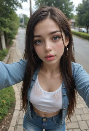 Nezuko from demon slayer, 1 girl sadako, Japanese, (teen:1.5), instagram slut, perfect skin, thick lips, extremely beautiful face, head to thighs, elsa from, messy hair, bangs, gorgeous, waist, big lips, smilling face, dangling jewelry, hoop earrings, tamada heijun art, perfect body, beautiful wet shiny long hair, wet skin, extremely realistic, beautiful face, seductive look, (orgasm face:1.2), she ware a blue denim jacket, she ware a blue denim pant, at park, she is taking selfie, top view