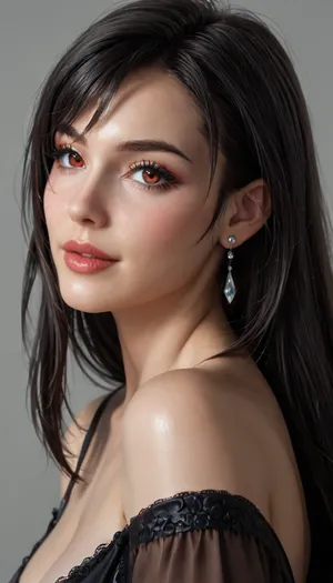 Professional lighting, Tifa Lockhart, Carl Larson, Alphonse Mucha, light/dark method, Movie Glen, reflective light, masterpiece, Attention to detail, (((simple light gray background:1.4))), (((Studio Light:1.3))), beautiful dark makeup, Face straight forward, ((((beautiful face))))