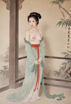 Chinese Gongbi painting style, ultra-detailed, intricate brushwork, vivid yet somber colors, historical scene, year 1127, Jingkang Incident, Princess Roufu Zhao Duofu, Emperor Huizong's most beloved file, 18 years old, fair skin like jade, eyes like stars, usually elegant and beautiful, (now disheveled with hair loose, torn clothing exposing her shoulder, half nude, naked, hands bound behind her back with rough hemp rope:1.3), standing amid the ruins of a palace, watching Jin soldiers' iron hooves trample her once-playful garden, expression of shame and fear, chaotic and tragic atmosphere, traditional Chinese palace ruins, broken pillars and scattered flowers, dim lighting with eerie shadows, subtle ink wash details, vibrant reds and greens fading into muted grays, historical accuracy, dramatic composition historical accuracy, cinematic composition historical accuracy, cinematic composition, lora, (gongbiPainting:.8), (ancientChineseFemale:.6), hanfu, MOGUHUANIAO, <lora:Chinese painting_shinvhua_国画_仕女_V1.0XL:.5>, <lora:mogu-painting-花鸟篇-sdxl_v1:1.8>