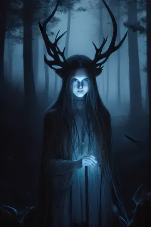 Painting of a majestic, antlered women standing in a dark, moonlit forest. The women, has large, intricate antlers, a thick, shaggy hair, and glowing blue eyes. Silhouetted trees and a glowing horizon in the background add to the eerie, mystical atmosphere. #©KITTYART



































#©KITTYART