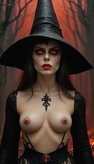A RAW photo, Ivan Bilibin Style, a woman Looks like a Salem witch, close up, standing, (((view from behind))), (((looking on viewer))), ((eyes contact)), 1/2 body view, ((partially naked)), (in open cloack), an airbrush painting, by Luis Royo, michael whelan and karol bak, (((angry witch with red eyes))), symmetrical epic fantasy art, art style hr giger and beksinski, fantasy skull, boris vallejo and tom bagshaw, cute face. dark fantasy, colorful, high detail, impeccable image quality, ultrarealism, Ivan, Bilibin, Style, page, <lora:Ivan Bilibin Style:.5>