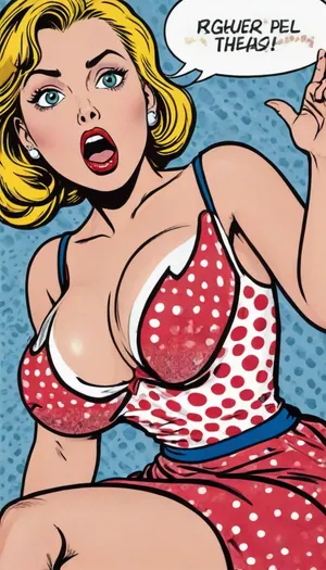 In the style of Roy Lichtenstein, a surprised woman, her dress is ripping open, torn dress, large breasts popping out of dress, surprised, Roy Lichtenstein's art style, ideal for guiding an AI image generator, can be described as, **Pop Art with Comic Book Aesthetics**
Lichtenstein's work is instantly recognizable for its bold, graphic quality. Key features include, * **Ben-Day dots, ** A signature hallmark, mimicking commercial printing techniques used in comic books—small, evenly spaced dots of color to create shading and texture.
* **Thick black outlines, ** Strong contours that define shapes and figures, giving a flat yet dynamic appearance.
* **Limited color palette, ** Bright, primary colors, (red, blue, yellow), along with black and white, dominate his compositions.
* **High contrast and flat color, ** Shadows and depth are created more through color blocking and dot patterns than through gradient or realism.
* **Speech bubbles and captions, ** Many works feature text in bold, comic-style fonts, echoing comic strip storytelling.
* **Mechanical precision, ** Despite being hand-painted, his works emulate mass production, with a clean, almost printed look.

**Prompt example for AI image generation, **

> "A pop art portrait in the style of Roy Lichtenstein, featuring bold black outlines, Ben-Day dot shading, and a dramatic comic-book-style expression with a speech bubble, mimicking 1960s comic strip aesthetics."

Let me know if you'd like a version tailored to a specific subject or composition. green, a, pop-art, painting, in, the, style, of, roy-lichtenstein, large, breasts, big, boobs, huge, tits, <lora:detailed_notrigger:.8>, <lora:roy-lichtenstein-sdxl-v5-000014:.8>, <lora:bombshell_v2:.3>
