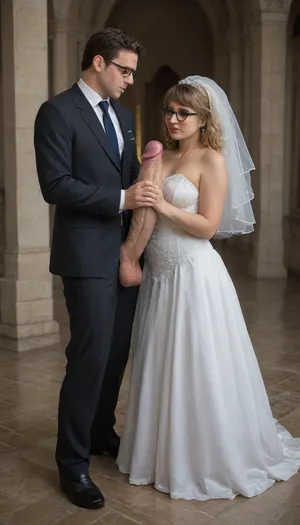 in this photo we see 2woman and 1man, 1woman is tiny Velma in a sexy torn nun outfit, 2woman is a blonde bride, 1man is a groom. blonde Bride standing between tiny Velma and groom, Bride gets groped by tiny Velma and groom. bride has very torn wedding dress, tits are out, groom touching brides huge tits, stroking his huge cock, massive cock, gigantic cock, super cock, full body view