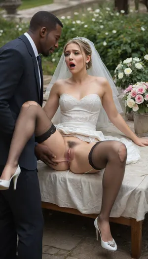 wonderful most beautiful wedding bride, detailed face, full lips, blonde hair, hairbun, conservative white wedding dress, garter belt and sheer brown stockings, Louboutin conservative high heels, dress lift up, decent red lips in face, hourglass figure, ripped stockings, wedding flowers, wedding bouquet, huge wedding cake, surprised, wide open mouth, hands holding her boobs, (interracial sex:1.3), fucked by an aggressive stranger homeless large black man, missionary, (3rd person), sex, sitting on a table, rough fucking sex, legs spread wide, dark hairy pussy, rough sex, deep penetration, black man in suit, black man gritting teeth, black man has aggressive look, cum dripping down thighs, hard fucking, outdoors, flowering meadow, wedding guests watching, many people around, late afternoon, long deep shadows, specular lighting, creampie, impregnation, full body view