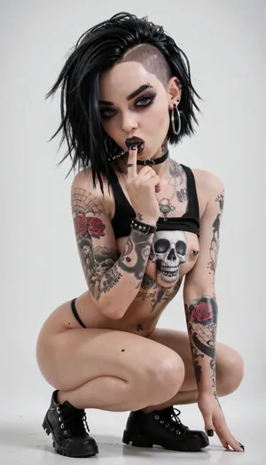 emo woman, lots of tattoos, lots of piercings, dark hair, pale skin, scene outfit, emo hair, large lips, full body view, sexy pose sucking finger, titcup, <lora:titcupv2_SDXL:.8>