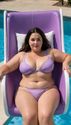 View from above, fat, 60 year old mature gilf, laying in a lounge chair, legs spread open, at a pool, (best quality:1.2), full lips, mature, pale, fupa, confident, thick thighs, (cellulite:1.2), wide, hips, wide big hips, saggy, black hair, bob cut hair, full shot, detailed background, purple one-piece swimsuit, leotard, (cameltoe:1.3), (fupa:1.5)
