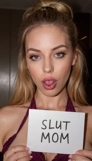 1girl, MILF, bimbo, whore, slut, slutty face, blond hair, hair is tied in a bun, lush hair, pink lipstick, large lips, duck lips, perfect face, detailed, ahegao, (rolling eyes), tongue, excessive cum, front view, cum on hair, clothed, white highlights, lust, passion, ecstasy, hold a sign on which it is written text "SLUT MOM", (mark "queen on spades":1), Ahegao, face, Tongue, out, Cross, eyed, 4h3g40, milf, amateurish, photo, low, lighting, in, motion, overexposed, underexposed, GoPro, lens, eerie, atmosphere, smeared, background, foreground