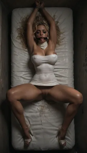 Filthy public toilet, dimly lit, garbage everywhere, empty bottles, graffiti on walls, filthy floor, 40 yo bimbo, milf, (((lying on stained filthy mattress))), (((completely knocked out))), ((extremely used)), ((after sex)), ((exhausted)), ((eyes closed)), ((perfect bimbo)), hyper bimbo, voluptuous body, curvy body, ((long blonde straight styled messy hair)), (deep tanned skin), pearl earrings, pearl necklace, lots of make-up, ruined make-up, smeared make-up, ((mascara tears)), ((perfect face)), insanely hot, incredibly beautiful face, supermodel face, (full lips), (strapless white tight microdress), pokies, high heels, ((exposed masssive firm huge bimbo boobs)), flat stomach, tiny waist, round hips, round ass, ((spreading legs)), ((legs wide open)), ((panties pulled to the side)), ((lots of thick white cum leaking out of shaved pussy)), ((hands tied above head)), ((lots of thick white cum on face and breasts)), (((mouthgagged with a white hankerchief))), <lora:dark:.8>