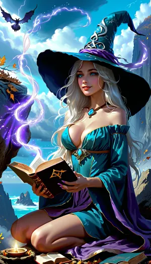 Rating_explicit, score_9, score_8_up, score_7_up, source_anime, anime style, anime pencil sketch, low angle, nude, beautiful witch holding magic book, hairy pussy, kneeling near stone altar altar carved in cliff, ancient runes swirling in air, oversized witch hat floating in air, floating scrolls and leaves, wide-open teal eyes, laughing, windswept long silver hair, tattered purple cloak flapping violently, magical tornado coming from book, (sparkling cyan winds), storm clouds on background, vivid colors, electric blue, amethyst, moonlight silver, hat, cloak, supermodel face, big lips, ratatatat74, zzmagicbook, <lora:ratatatat74-000050:1.8>, <lora:FantasyIconsBooksXL:1.2>, <lora:MJ52:.8>