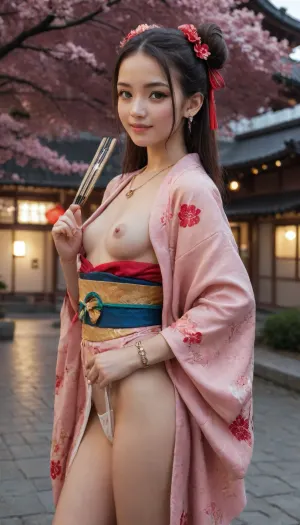 Side view, cute girl wearing a traditional japanese kimono. 20 year old girl, Random sexual pose, The girl is wearing a sexy kimono with a floral pattern, very long hair, smiling at the camera, Cute japanese girl, nipple tease, thin body, gymnast body, small ass, slim waist, slim thighs, cute face, (petite girl:1.3), eyes charm contact, kimono and bow, (japanese traditional kimono:1.6), (japanese traditional hair style, japanese hairfan, clips bows lace ribbons buns, traditional makeup), golden bracelet necklace, outdoor setting with a building visible in the distance, red lanterns hanging, ((late evening, Golden hour)), The overall mood is cheerful and festive. flowers, cherry blossom trees, a river, eye, catching, drab, <lora:eye_catching:1.3>