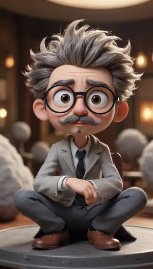 A whimsical, animated character sits confidently on a floating, abstract, cloud-like platform. The character has a youthful appearance with large, round eyes accentuated by thick, black-framed glasses. His hair is styled in a messy, spiky manner with white and gray highlights. The character sports a thick, bushy mustache and goatee, adding to his eccentric look.