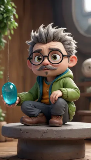A whimsical, animated character sits confidently on a floating, abstract, cloud-like platform. The character has a youthful appearance with large, round eyes accentuated by thick, black-framed glasses. His hair is styled in a messy, spiky manner with white and gray highlights. The character sports a thick, bushy mustache and goatee, adding to his eccentric look.

He is dressed in a vibrant green jacket over a yellowish-brown sweater, paired with dark pants and boots. The character sits with his legs crossed, displaying a playful and relaxed demeanor.

Surrounding the floating platform are several peculiar, small objects attached to thin, winding branches. These objects include a blue bottle, a remote control, and a small, cylindrical container, each with a quirky, cartoonish face.

The background is a soft, light gray, enhancing the character and his floating platform as the central focus. Bubbles float around the character, adding to the whimsical and imaginative atmosphere of the scene.