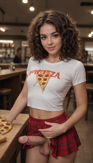 (23-year-old futanari woman:1.2), standing casually inside a cozy Italian pizza restaurant, playful confident pose, (long extremely voluminous dark brown curly hair:1.4), (defined bouncy curls:1.3), (youthful beautiful face:1.3), (bright expressive eyes:1.2), (full lips), (soft glowing skin:1.2), (wearing a tight cropped T-shirt with a cartoon pizza print:1.2), no bra, (short pleated skirt lifted slightly at the back:1.2), (large realistic visible penis:1.3), (large visible testicles:1.3), no underwear, smiling while holding a slice of pizza in one hand, warm interior lighting, brick oven in background, wooden tables, red checkered tablecloths, realistic style, fun casual atmosphere