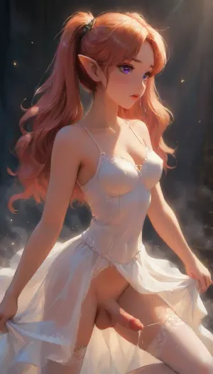 (Dark elf sorceress), glowing violet eyes, (detailed eyes), (perfect eyes), long orange hair, deep cleavage, seductive gaze, Dancing on stage, long curly pink hair in pigtails, wearing a pink idol dress, big pink glasses, lifting the hem of the dress with two hands, showing the penis under the dress, high white lace stockings, smooth black skin, big round boobs, erect nipples, shiny body, toned abs, narrow waist, curvy hips, Profile view, looking from the side, sticking his ass up, testicles hanging down, ballet pose, ballet dancing, soft fog, erotic fantasy lighting, NSFW, masterpiece, highly detailed, futanari, futanari short penis, testicles, erection, futa_overflow, cum on stage, dripping cum on stage, solo, bangs, eye, focus, orgasm face, sparkle, looking, at, viewer, glowing, eyelashes, <lora:J_cartoon:.3>, <lora:Animated_Concept:.3>, <lora:samdoesarts1.1-000030:.3>, <lora:209970_training_data:.8>, <lora:Jeweled eyes-NAI:.8>