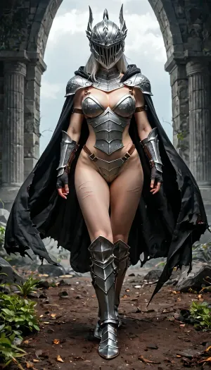 (Cinematic shot:1.2), ((realistic:1)), Female knight, (full body black armor), ((dragon scale leg armor)), dragonslayer, ripped black cape, hooded, long white hair, pale skin, Scars, (((closed helmet))), (closed iron vizor), gloves, heavy shoulder armor, dragonhead, legendary, heavy breasts, saggy, wide hips, dynamic pose, walking, battelfield, highest quality, ultra high detailed texture, masterpiece, perfect shadows, perfect lighting, darkness, black aura, black dragon, like dragon, <lora:Fantasy_world__XL:.8>, <lora:add-detail-xl:.8>