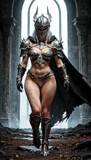 (Cinematic shot:1.2), ((realistic:1)), Female knight, (full body black armor), ((dragon scale leg armor)), dragonslayer, ripped black cape, hooded, long white hair, pale skin, Scars, (((closed helmet))), (closed iron vizor), gloves, heavy shoulder armor, dragonhead, legendary, heavy breasts, saggy, wide hips, dynamic pose, walking, battelfield, highest quality, ultra high detailed texture, masterpiece, perfect shadows, perfect lighting, darkness, black aura, black dragon, like dragon, <lora:Fantasy_world__XL:.8>, <lora:add-detail-xl:.8>