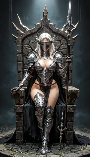 Cinematic, (realistic:1), (Female knight), black, (full body black armor), (dragon scales), dragonslayer, dull iron, mat iron, ripped black cape, hooded, long white hair, pale skin, Scars, full helmet, full visor, gloves, heavy shoulder armor, dragonhead, legendary, heavy breasts, saggy, wide hips, dynamic pose, highest quality, ultra high detailed texture, throne hall, gigantic black longsword, perfect shadows, perfect lighting, spear, <lora:XL_Weapon_Spear_-_By_HailoKnight:.8>