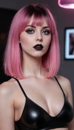 (glossy cover style), retrowave style, three-quarter turn, upper body view, focus on tits, tits close-up, young beautiful goth girl 18 years old, feminine face, bare chest, large breast implants, nude tits, (girl squeezes her breasts:1.2), skinny, thin face, full lips, big eyes, small nose, rocker style, (black makeup), (black lipstick:1.2), violet makeup, pink makeup, (girl licks her lips), lustful face, black hair, (bob hairstyle:1.2), short straight hair, pink strands of hair, very long bangs, (pink bangs:1.2), (black rocker tank top), choker, bedroom cyberpunk style, room in a rocker style, rocker posters on the walls, (dark:1.3), night, neon lights, (highly detailed face:1.3)