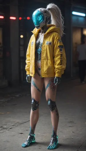 zoomed out full body portrait, ((Asian cyborg girl with human face and lights on helmet:1)), (neon pink and neon green robotic arms and legs), (neon blue robotic feet), robotic skeleton with visible neon robotic organs, many face scars and many tattoos, platinum hair in high ponytail, wearing Edgerunner yellow jacket, <lora:PAseer-SDXL-Transparent Robot:.5>