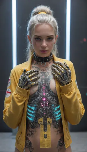 zoomed out full body portrait, ((Asian cyborg girl with lights attached to helmet:.5)), many face scars and many tattoos, (transparent neon pink and neon green robotic arms), (plasma red and plasma yellow robotic legs), (plasma blue robotic feet), robotic skeleton with visible plasma robotic organs, platinum hair in high ponytail, wearing yellow medic jacket giant raised collar, <lora:PAseer-SDXL-Transparent Robot:.1>, <lora:DetailedEyes_V3:.1>
