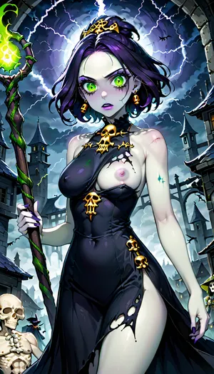 ratatatat74, A malevolent Salem witch, circa 1692, a gaunt woman of 40s with sharp, angular features, piercing green eyes, and a cruel sneer, flies astride a decaying, ornately carved wooden coffinб, ((pale skin)), ((wearing in tattered black gown with bone trinkets)), ((one breast out)), ((gnarled blackened staff)), . The background is a stormy night sky, rendered in deep indigo and bruised purple, with swirling clouds illuminated by flashes of lightning. The scene is depicted in a dramatic chiaroscuro style, reminiscent of Rembrandt, with harsh contrasts between light and shadow emphasizing the witch's malevolence. The overall mood is one of terror and dread, the atmosphere thick with palpable menace. The painting style is hyperrealistic, bordering on grotesque, capturing every detail of the witch's wicked countenance and the decaying coffin, Wide angle lens, 8k resolution, <lora:ratatatat74-000050:.6>