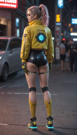 zoomed out full body portrait, ((Asian cyborg girl with lights attached to helmet:.5)), many face scars and many tattoos, (transparent neon pink and neon green robotic arms), (plasma red and plasma yellow robotic legs), (plasma blue robotic feet), robotic skeleton with visible plasma robotic organs, platinum hair in high ponytail, wearing yellow medic jacket with giant jacket collar, wearing black tight shorts, back view in cyberpunk city, <lora:PAseer-SDXL-Transparent Robot:.5>, <lora:DetailedEyes_V3:.5>