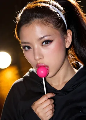 Breathtaking extremely junior Sexy naughty girl 20 years old tall korean beauty, perfect work, long black hair, skinny body, medium perky fake breasts, b0h0, (headpiece), throw, in, some, gems, Black eyeliner. Heavy bronze eyeshadow. BREAK
Fully clothed in, (hot pink baggy college hoodie:1.2), . realistic eyes. she sucks on a round red lollipop. Sultry expression. Tousled, high ponytail. Eye contact, (sultry), confident. Petite, athletic, sweaty. Photorealistic. Viewer at eye level, close up. In a poorly lit, rundown basement of a derelict building. Close up, 35mm SLR, 50mm f/1.8 lens, Kodak Portra 400 color film. Nostalgic, film-grain aesthetic., with an overall underexposure of 1-2 stops to accentuate the darkness and isolation of the environment. Close-up on face. Soft backlight.