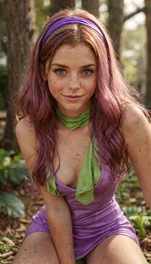 long distance view, full body view, woman, photo, from above, gorgeous Daphne Blake, Daphne Blake uniform, in front of the Mystery Machine, sexy sexy, large natural breasts, hard nipples, slim gymnastic fit body, lots of freckles, cleavage, blush on cheeks and nose, lipstick, (very happy smile:1.8), welcoming loving eyes, red hair, (red hair), (smooth unwrinkled clothes:1), (purple hair ribbon, green neckerchief, short purple dress, purple shoes), (big expressive green eyes), photorealism, vivid, pokies, braless, Wearing, clothes, that, make, sense, with, Braless>, freckles, luisap, birth, mark, downblouse, nipslip, <lora:MJ52:1>, <lora:bralessSDXL_v1_00022:.8>, <lora:LPFRECKLES_lora:.5>, <lora:RealDownblouseXL2:.7>
