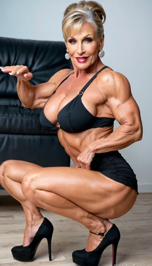 high heels photoshooting in a studio, very hard very defined muscles, close up maximum big boobs, side view smile gilf, wearing a skirt and sakko, Monica Martin, lipstick, close up hard muscle stiration, strong massive hard muscle body, very broad big mouth and lips, messy hair pigtail, (hairstyle), happy heavy strong muscle woman gilf, milf, smokey eyes, close up body, very big hanging round massive boobs, fitnessmodel gilf, milf bodybuilding legs very muscle stiration, close up nude sexy feet, gilf wrinkle face, big saggy breat, from side view, she showing kinky her pussy, spreading her legs in deep squatting, big eyes, in action position, photoshooting with platform stripper high heels